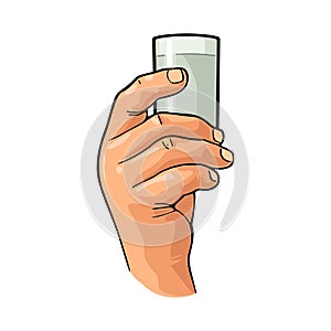 Male hand holding glass vodka. Color vector illustration