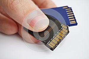 Male hand holding isolated plastic blue and black compact memory cards SD card - Secure Digital card used in cameras