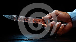 Male hand holding knife on black background, Sharp knife for cutting food