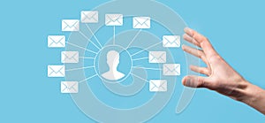 Male hand holding letter icon,email icons .Contact us by newsletter email and protect your personal information from spam mail.