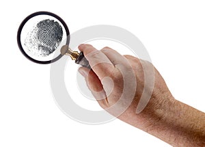 Male Hand Holding Magnifying Glass Viewing A Fingerprint on a White Background photo