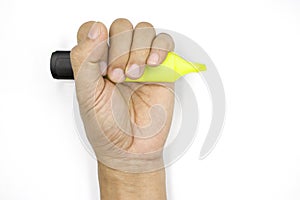 A male hand holding markers pen, Highlighter, man hand  isolated on white background