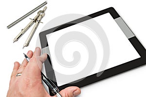 Male Hand Holding Mechanical Pencil on Blank Empty Computer Tablet