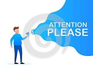 Male hand holding megaphone with attention please speech bubble. Loudspeaker. Banner for business and marketing. Vector