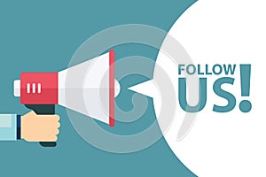 Male hand holding megaphone with follow us speech bubble. Follow us banner for social networks. Loudspeaker.