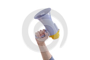 Male hand holding a megaphone or loud haler