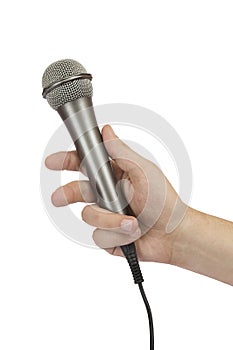 Male hand holding a microphone photo