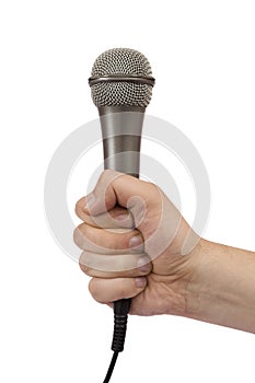 Male hand holding a microphone photo