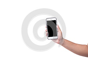 Male hand holding mobile phone, cell phone, smartphone with blank screen. Isolated on white background