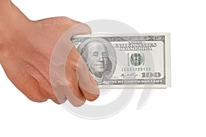 Male hand holding money US dollar isolated on white backround - clipping paths