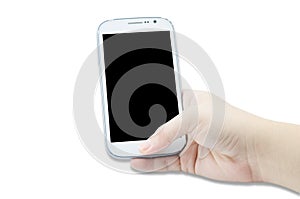 Male hand holding Old white Mobile Phone isolated on white background with clipping path
