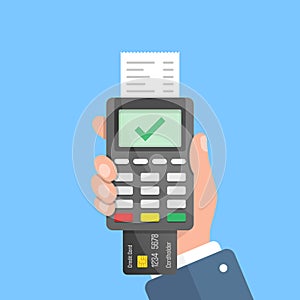 Male hand holding POS payment machine icon in flat style. Online payment vector illustration on isolated background. Banking