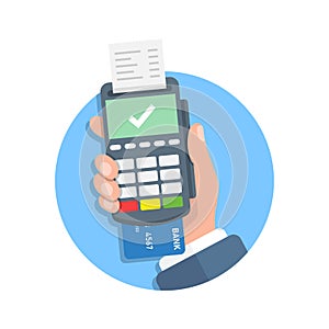 Male hand holding POS payment machine icon in flat style. Online payment vector illustration on isolated background. Banking