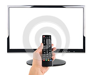 Male hand holding remote control to the TV screen isolated on white