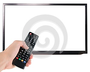 Male hand holding remote control to the TV screen isolated on white