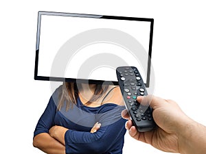 Male hand holding Remote Controller commanding  mind of woman head blank screen TV isolated on white