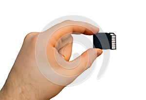 Male hand holding SD card.