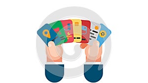 Male hand holding several credit cards, used as cash. Graphic illustration