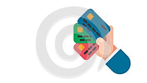 Male hand holding several credit cards, used as cash. Graphic illustration