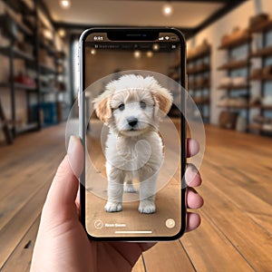 male hand holding smartphone with golden retriever dog on screen. 3d rendering