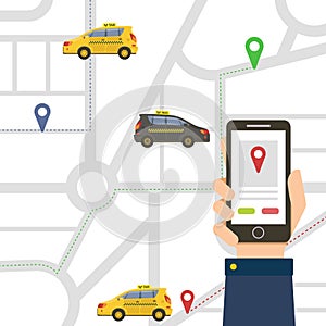 Male Hand Holding Smartphone with Public Taxi Service Application, Navigation Map, Online Ordering Taxi Car Vector