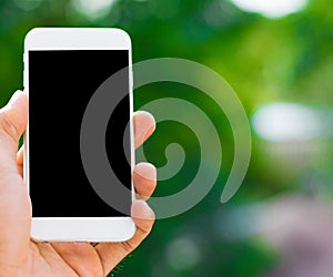 Male hand holding a smartphone on a tree bokeh background using a wallpaper or background for communication work.