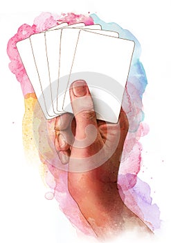 Male hand holding some white blank playing or buisness cards, sketch photo