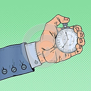 Male Hand Holding Stopwatch. Time Management. Pop Art retro illustration