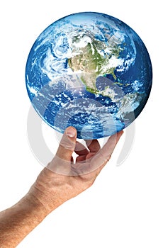 Male hand holding and supporting blue planet Earth, isolated