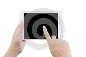 male hand holding tablet computer and finger touch the screen