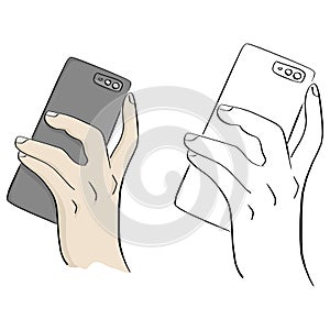 Male hand holding and touching on back side mobile smartphone vector illustration sketch doodle hand drawn with black lines