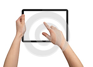 A male hand holding a touchpad pc