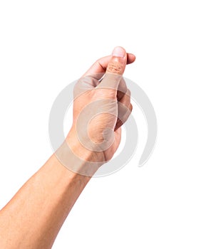 Male hand holding a virtual card with your fingers on a white background, clipping paths