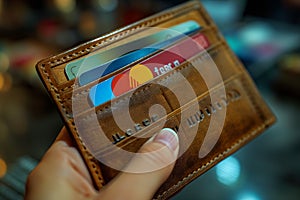 male hand holding wallet, not have budget of money to pay no have credit card