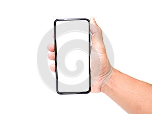 Male hand holding a white screen on a white background