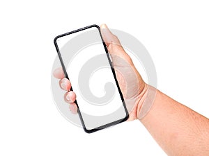 Male hand holding a white screen on a white background