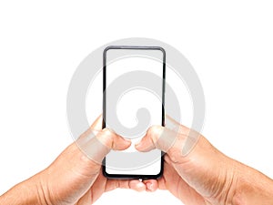 Male hand holding a white screen on a white background