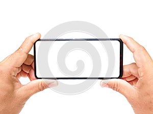 Male hand holding a white screen on a white background