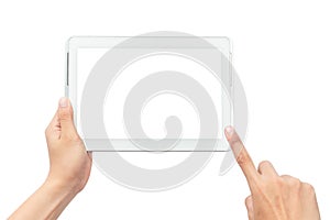 Male hand holding the white tablet pc computer and touching with blank screen isolated on white background with clipping path.