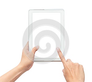 Male hand holding the white tablet pc computer and touching with blank screen isolated on white background with clipping path.