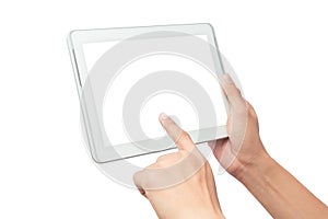 Male hand holding the white tablet pc computer and touching with blank screen isolated on white background with clipping path.