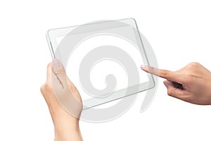 Male hand holding the white tablet pc computer and touching with blank screen isolated on white background with clipping path.