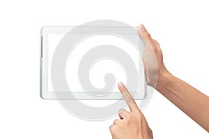 Male hand holding the white tablet pc computer and touching with blank screen isolated on white background with clipping path.