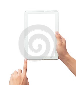 Male hand holding the white tablet pc computer and touching with blank screen isolated on white background with clipping path.