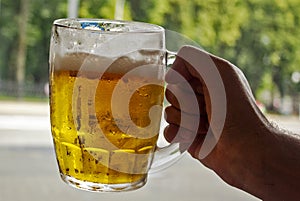 Male hand holds a beer mug