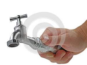 Male hand holds faucet  on white background, concept of hardworking craftsman doing good job