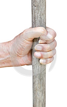 Male hand holds old wooden stick