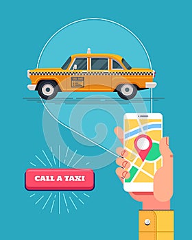 Male hand holds a phone with an running application to call a taxi. Public taxi service. Retro yellow taxicab. Vector.