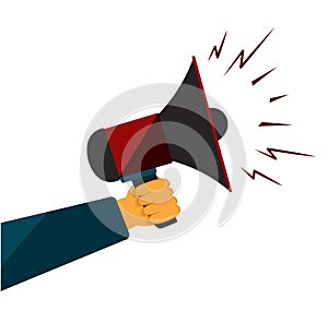 Male hand holds red megaphone loudspeaker icon. Announcement, advertisement, broadcast or warning. Attention. Don't pass