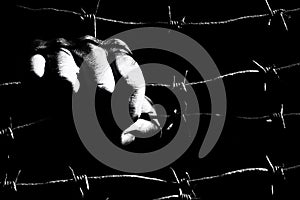 Male hand holds stretched rusty barbed wire in the dark